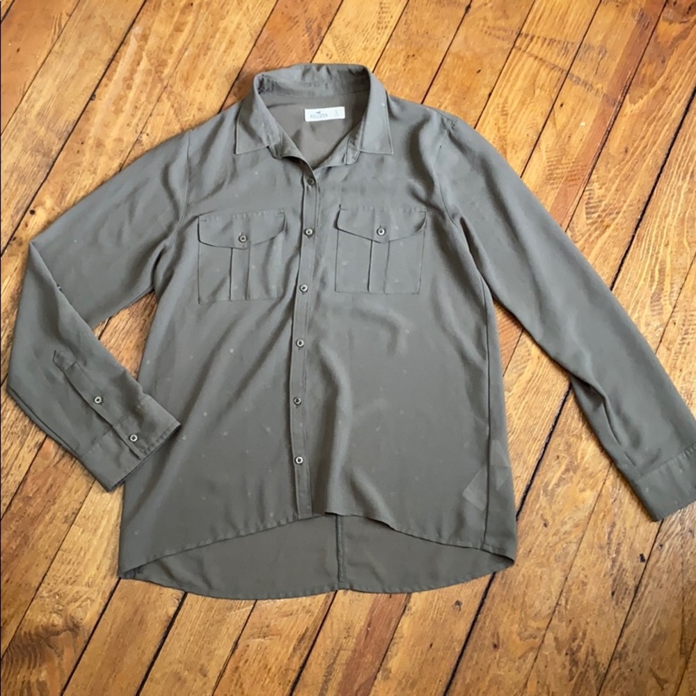 Olive green button up with gold specs